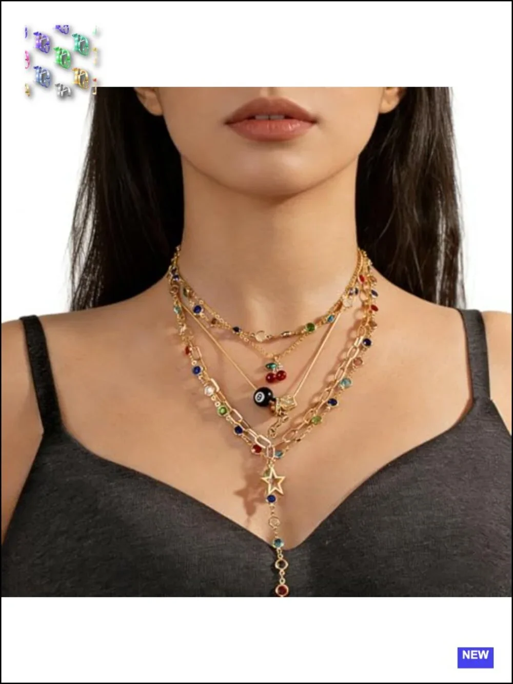 Layered Necklace Set with Cherry 8 Ball Leopard Dice Star Charms